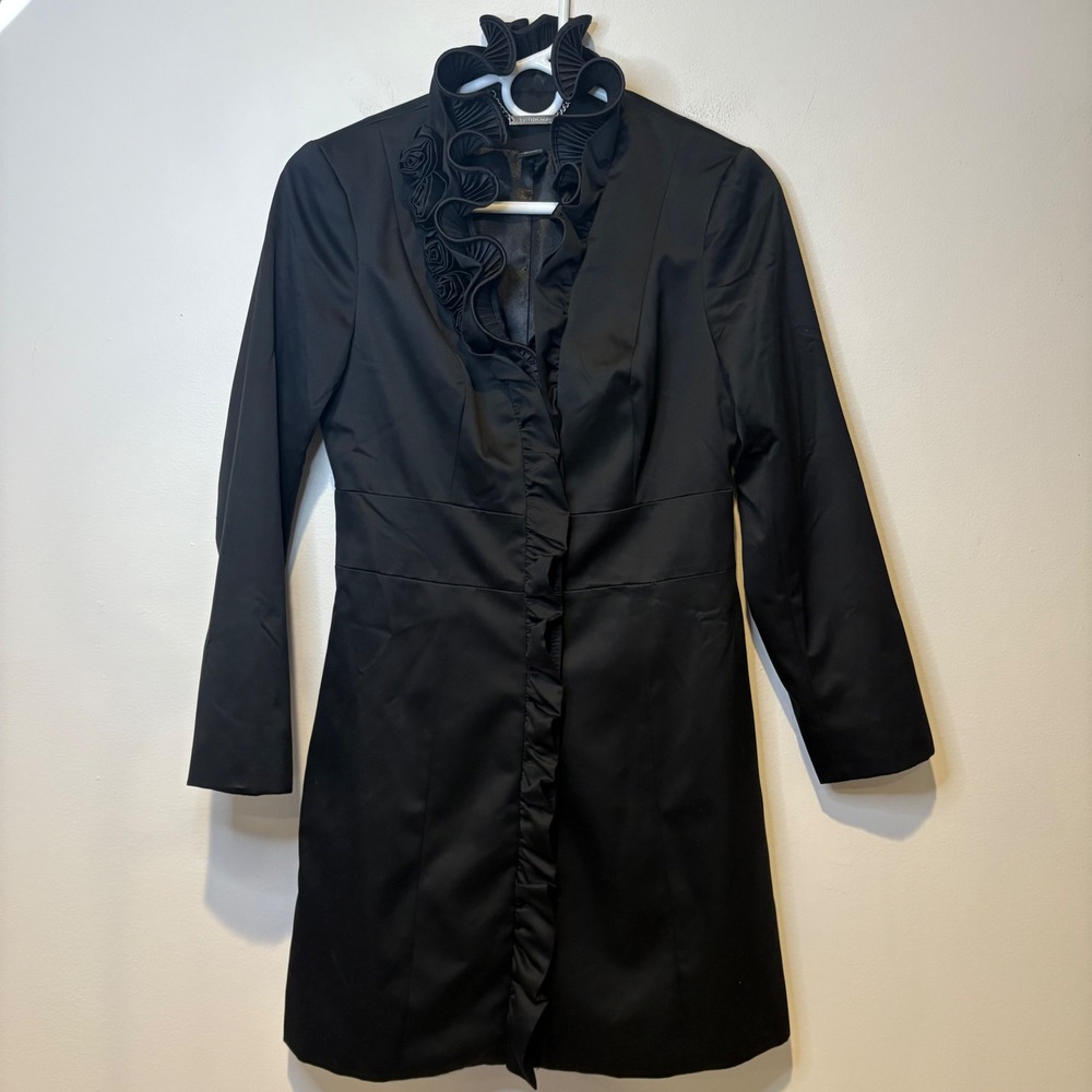 WHBM Womens Black Rosette Overlay Long Coat Snap Witchy‎ Girly Goth Vamp Size 2